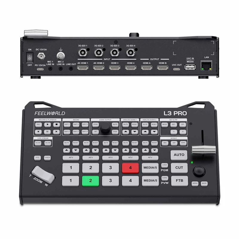 FEELWORLD L3 PRO อุปกรณ์สลับสัญญาณวิดีโอหลายกล้องพร้อมอินพุต HDMI 4 ช่อง, SDI 4 ช่อง และ UVC 1 ช่อง สำหรับการถ่ายทอดสด