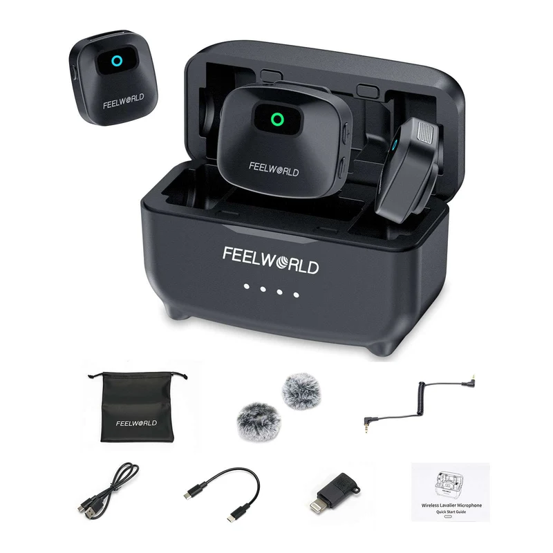 ไมโครโฟนไร้สายแบบหนีบปกเสื้อ FEELWORLD LM1 สำหรับโทรศัพท์ คอมพิวเตอร์ กล้องถ่ายรูป 2TX+1RX พร้อมเคสชาร์จ