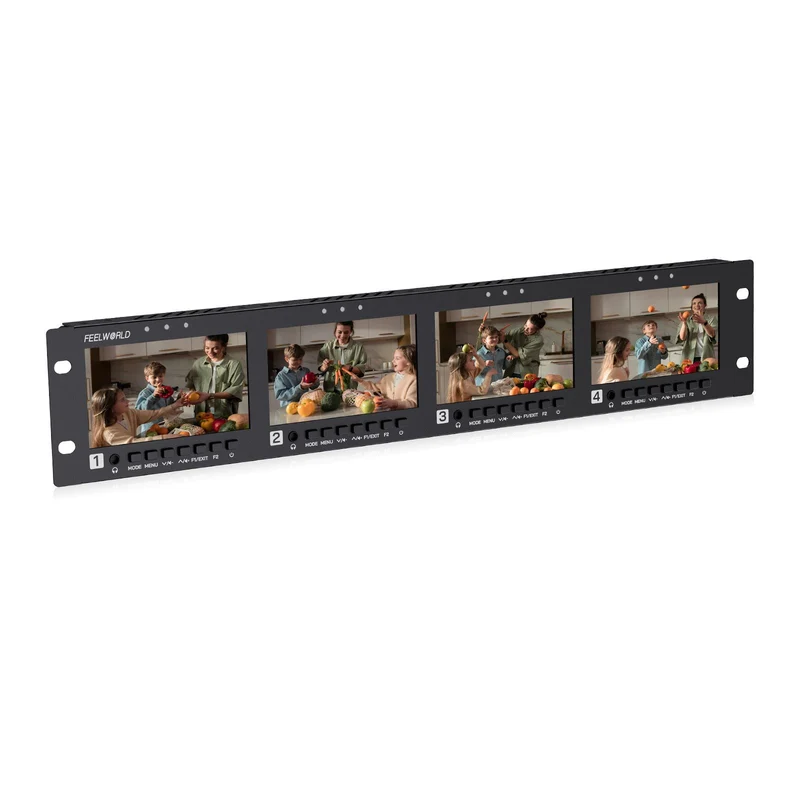 FEELWORLD Q41 Monitor quadruplo da 4.5 pollici per montaggio a rack 2RU con ingresso e uscita AV 3G-SDI 4K HDMI.