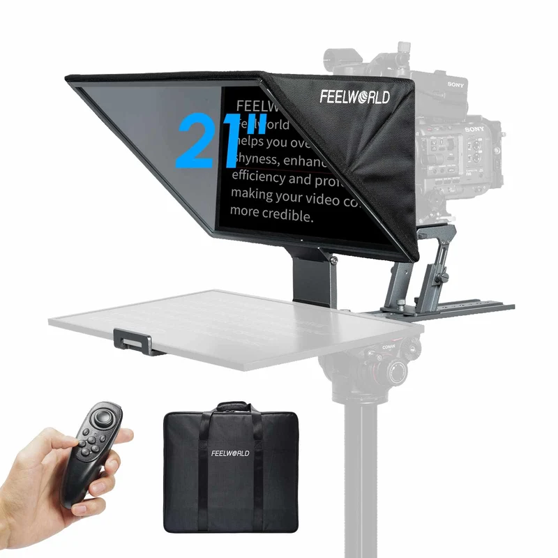 เครื่องอ่านบทพูดพับได้ FEELWORLD TP21 ขนาด 21 นิ้ว รองรับอุปกรณ์อ่านบทพูดได้สูงสุด 21.5 นิ้ว สามารถอ่านบทพูดได้ทั้งแนวนอนและแนวตั้ง ควบคุมด้วยรีโมทบลูทูธ